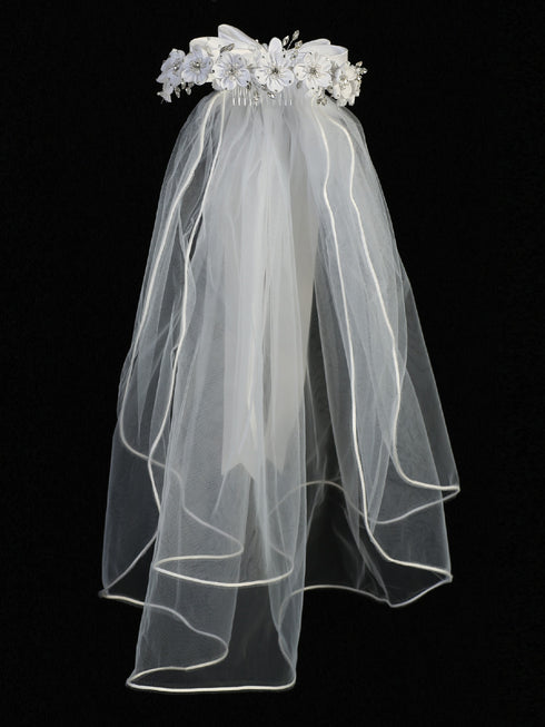 Lito Girls White Satin Flowers Pearls Bow 24 Inch Communion Girl Veil - SophiasStyle.com